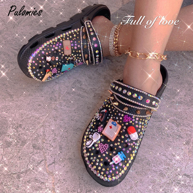 Slippers with sleek finishes -Women Shoes Sandals Summer Slippers Rivet Soft Garden Shoes Bling Clogs With Charms Female EVA Casual Shoes Plus Size 36-44