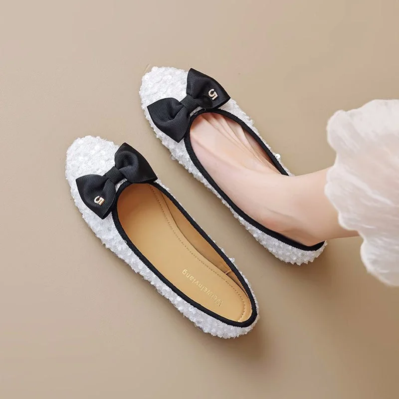 Flats with breezy weave -Women Stylish Bowknot Crystal Textile Soft Flats