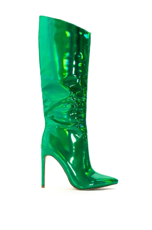 Boots for festive rainy wear -NOVA-GREEN HOLOGRAPHIC STILETTO BOOT