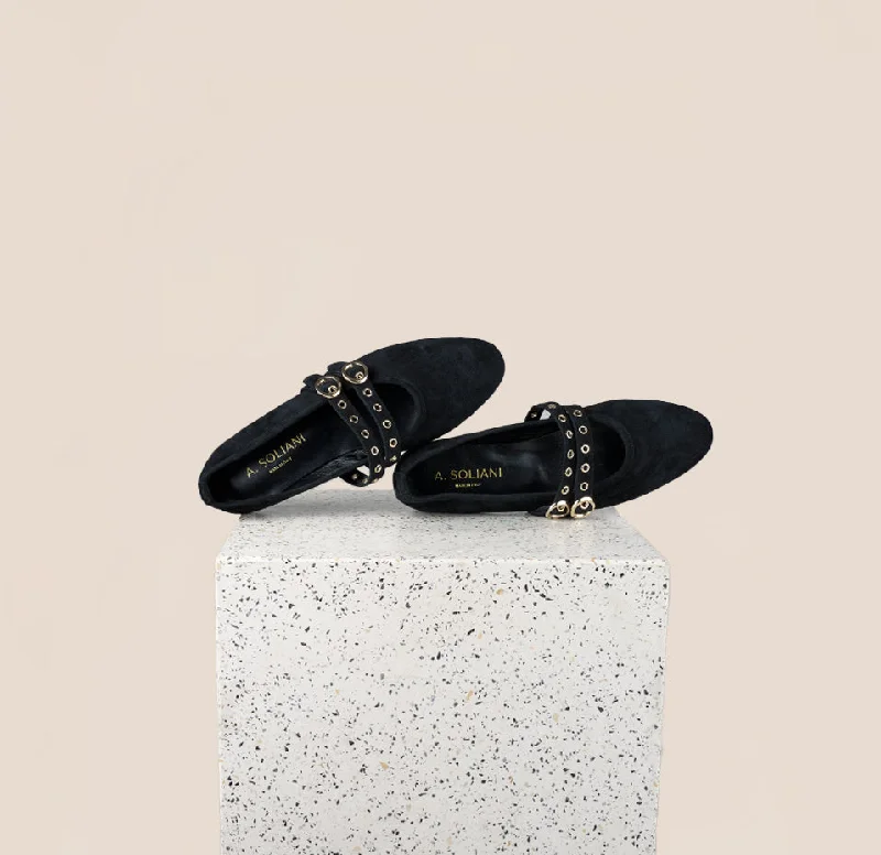 Flats with bead embellishments -Como 2 Buckle - Black Suede