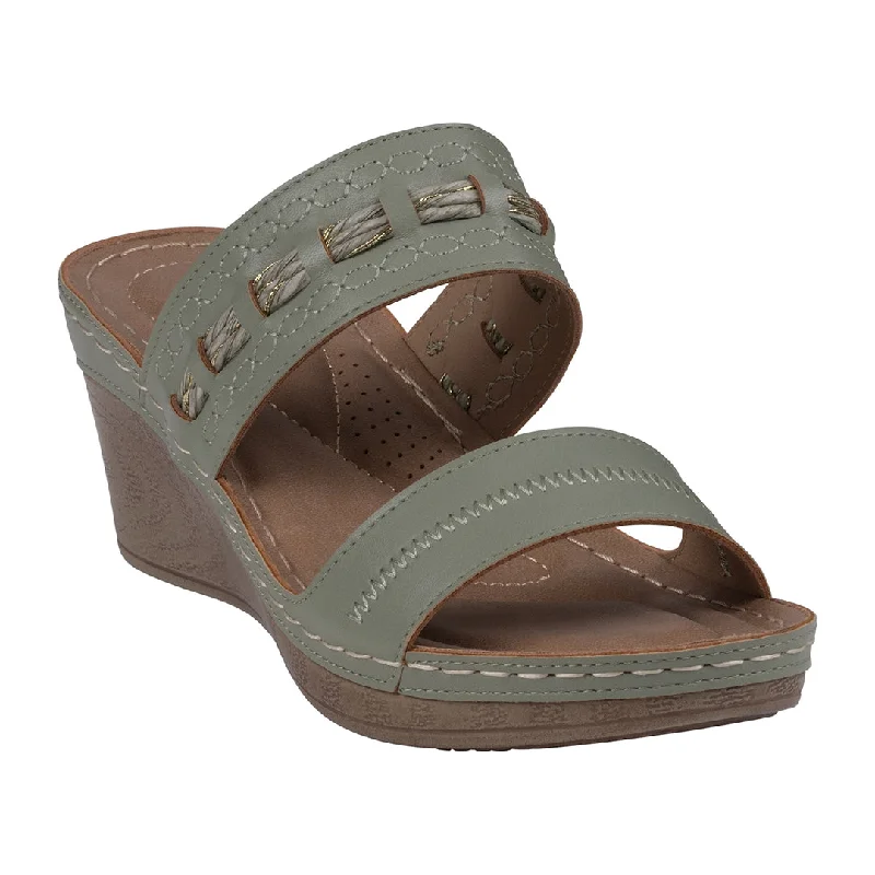 Tough sandals for daily treks -Mariah Green Open Toe Double Band Wedge Sandals