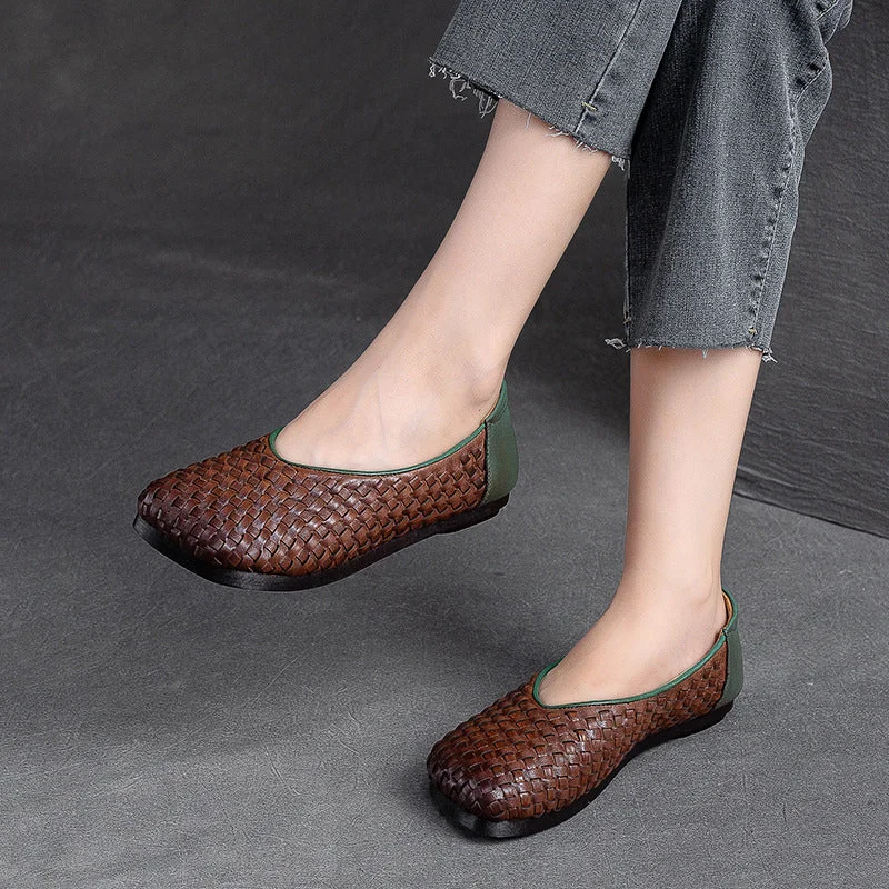 Flats with non-slip grip -Women Retro Plaited Leather Patchwork Flats