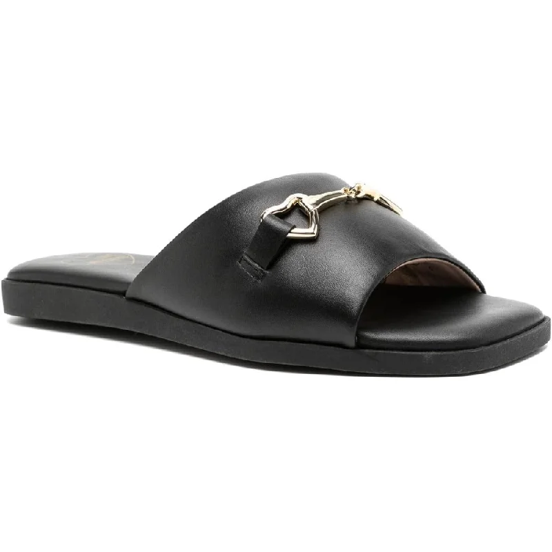 Slippers with strong support -Love Moschino Women's Leather Slides with Heart Chain, Black