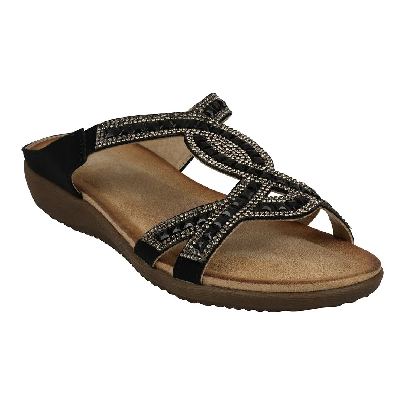 Sandals with worn sole treads -Alora Black Embellished Slide Flat Sandals