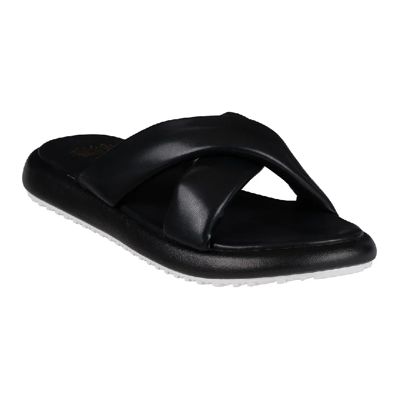 Classic sandals with clean shores -Nalani Black Cross-Strap Slide Flat Sandals