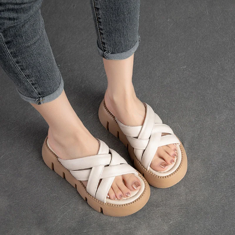 Sandals with cool strap hues -Women Handcraft Leather Summer Casual Sandals Slides