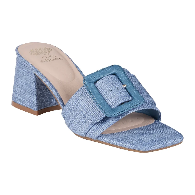 Sandals with faint strap weave -Britta Blue Oversized Buckle Heeled Sandals