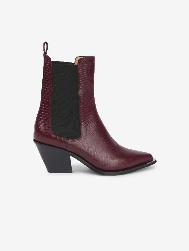 Boots with velvety heel cushioning -burgundy lizard skin elasticated boots