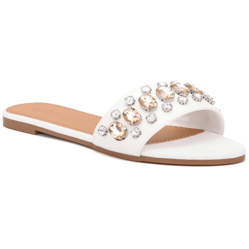 Slip-on sandals with ease shores -Olivia Miller Womens Elsa Faux Leather Rhinestone Slide Sandals