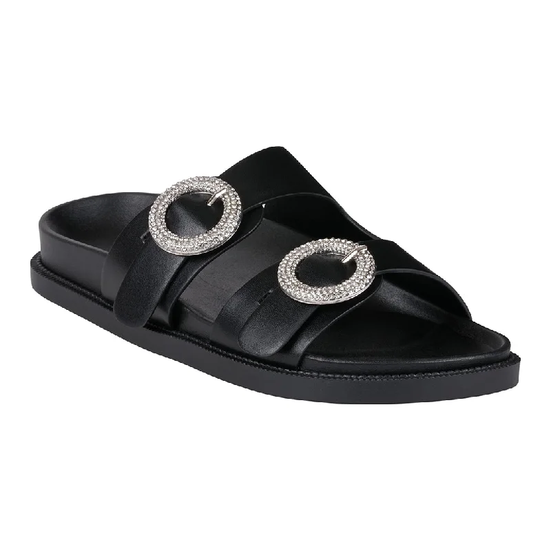 Sandals with water-tight strap beds -Jordyn Black Double Band Embellished Slide Footbed Sandals