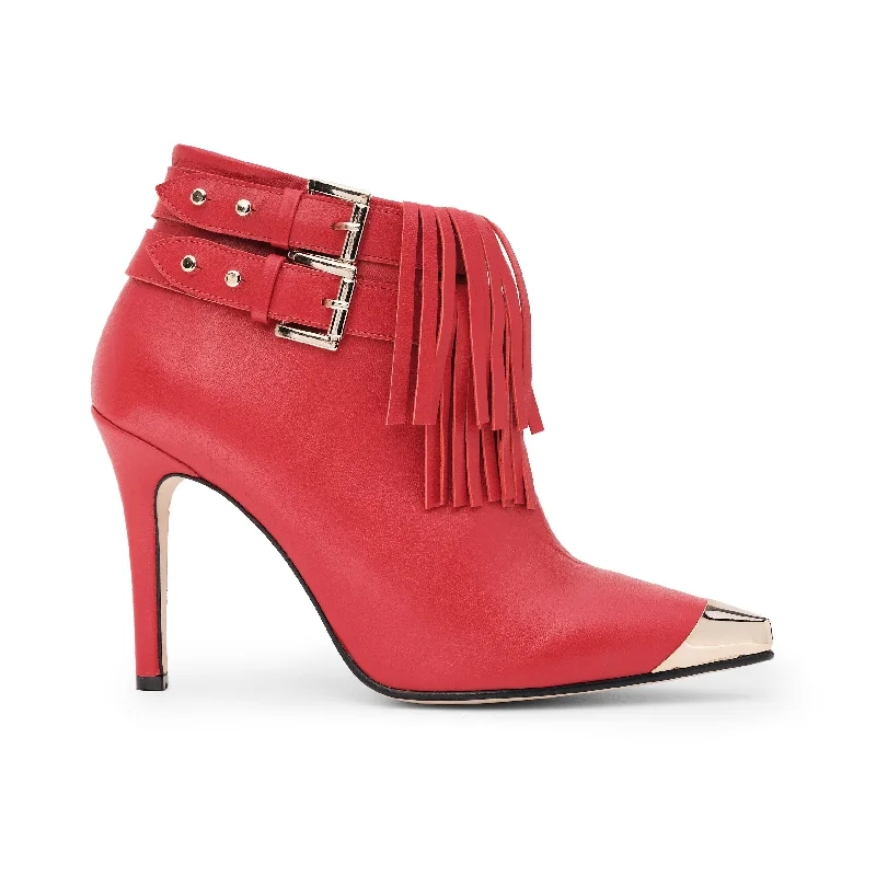 Boots with spacious toe room -Jazzy Fringe Bootie in Red