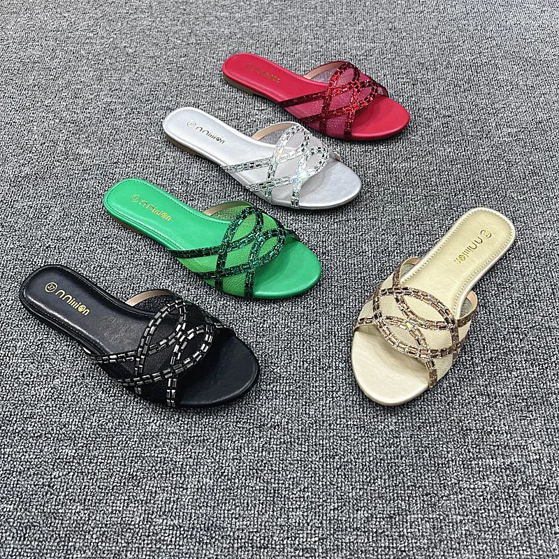 Slippers with stable arches -Female beach slides slippers ladies wear flat slippers women sandals plus size fashion women's crystal shoes