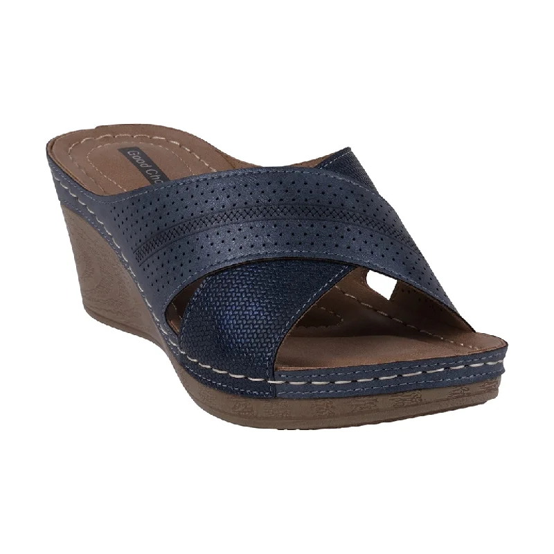 Sandals with free toe space -Hayden Perforated Navy Contrast Cross Strap Wedge Sandals