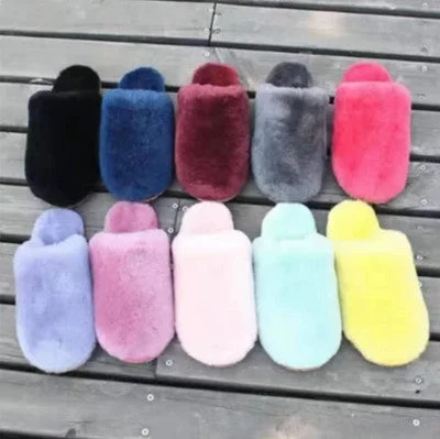 Slippers with lively colors -Wholesale women fluffy sheep fur slippers and sandals ladies soft comfortable winter shoes fur slides outdoor