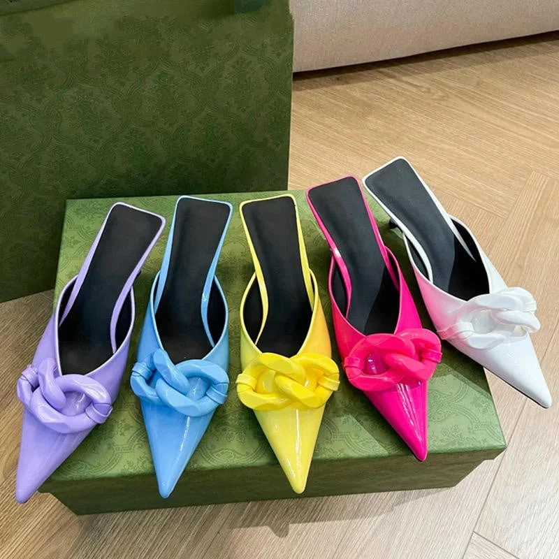 Slippers for family gatherings -Candy Color Pointed Toe Mules Chain Low Slippers Lady Heels for Women 2023