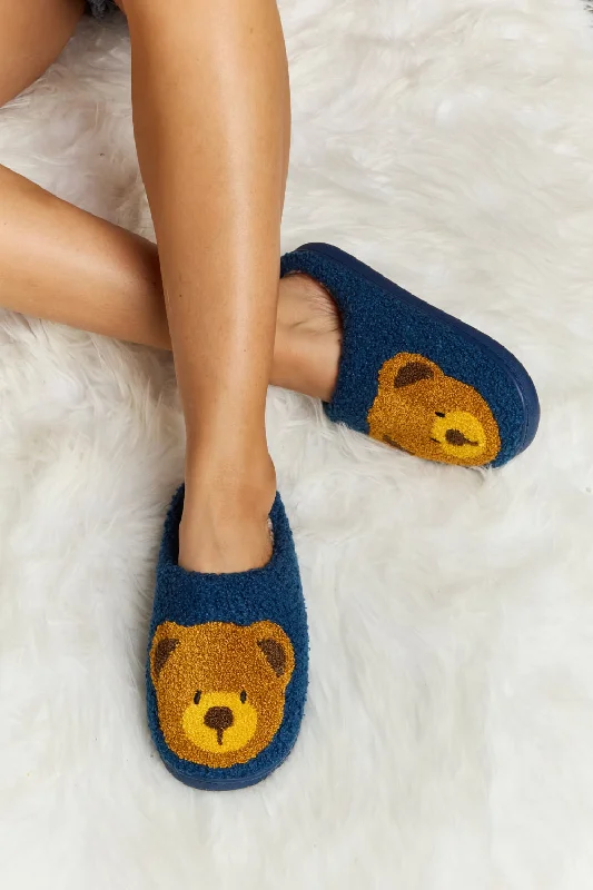 Slippers with ergonomic design -Melody Teddy Bear Print Plush Slide Slippers