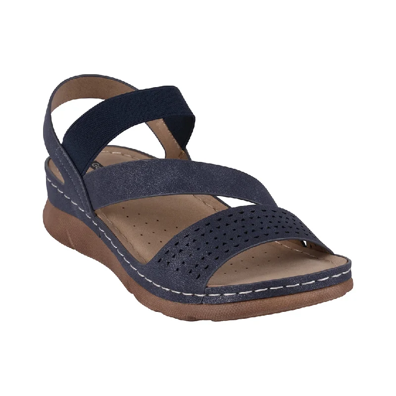 Prime sandals for beach strolls -Grange Navy Perforated Strappy Elastic Comfort Flat Sandals