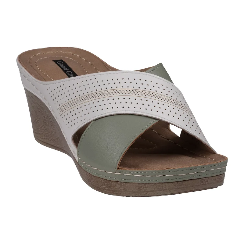 Sandals with firm sole beds -Hayden Perforated Sage/White Contrast Cross Strap Wedge Sandals