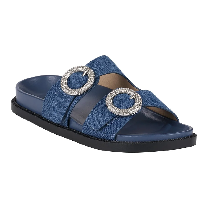 Sandals with late shore calm -Jordyn Denim Double Band Embellished Slide Footbed Sandals