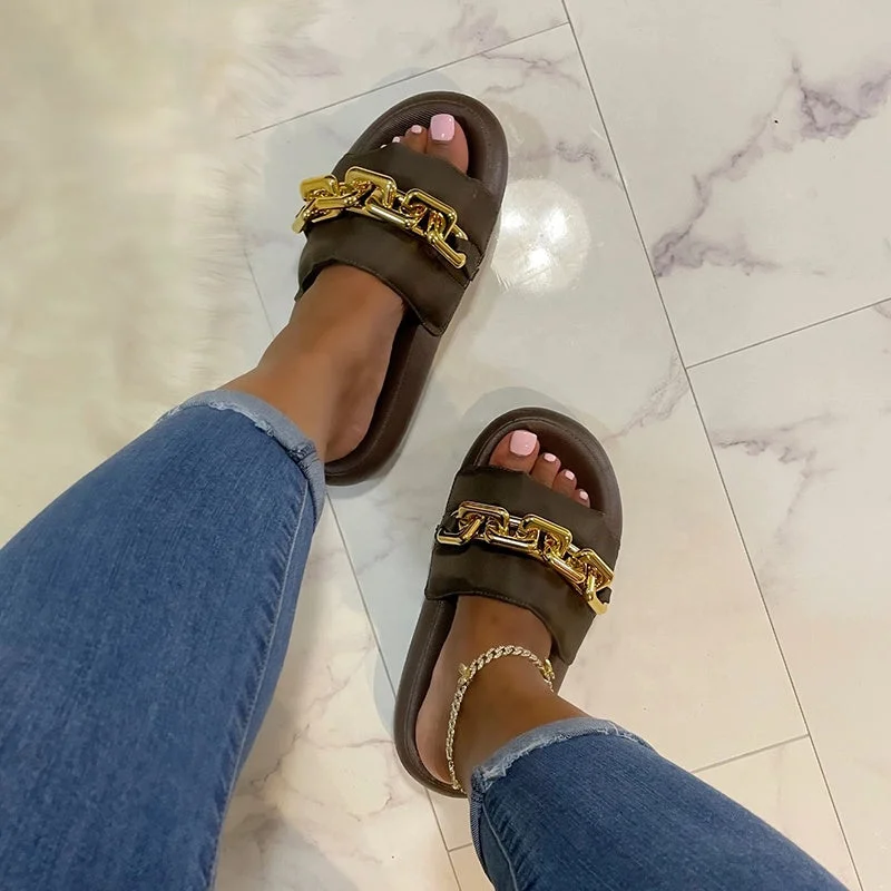 Slippers for regular comfort -Female Large Size Shoes Big Metal Artificial Leather Slides Twist Chain Slippers Summer Women Beach Open Toe Flat Sandals