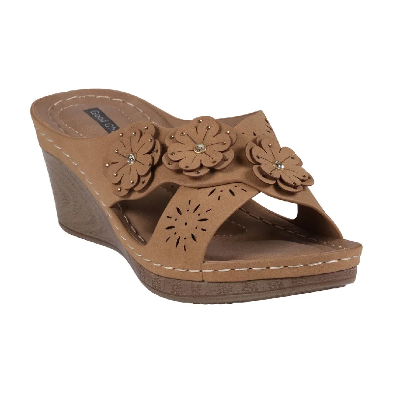 Sandals for snug feet fits -Miller Tan Cross Strap Floral Wedge Sandals