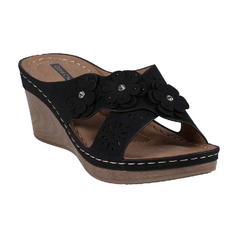 Sandals for long boardwalk treks -Miller Black Cross Strap Floral Wedge Sandals