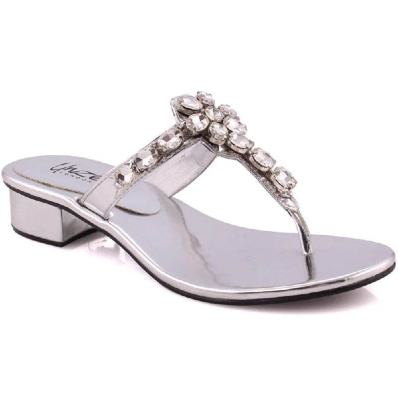 Slippers for routine calm -Women “TACITA” Diamond Encrusted T-Strap Low Block Heel Slip On Slippers