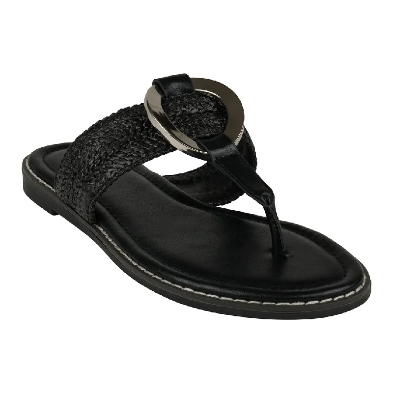 Sandals with beefy sole grip -Jovie Black Woven Hardware Thong Flat Sandals