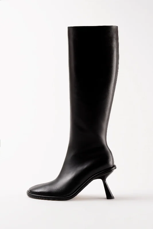 Boots with hidden heel traction -RIANA - Black Leather Knee High Boots