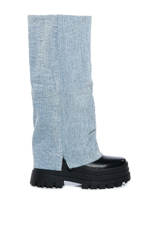 Boots for short spring escapes -SHURI-DENIM FOLD-OVER KNEE HIGH BOOT