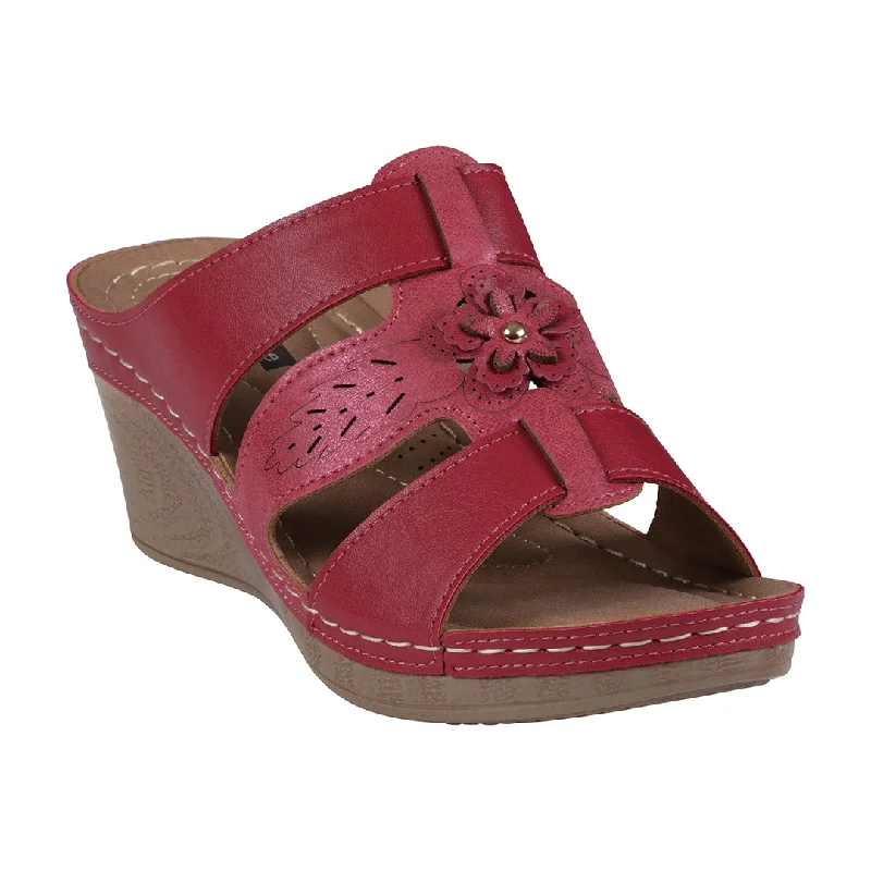 Promo sandals with fast shipping -Spring Red Open Toe Triple Band Flower Wedge Sandals