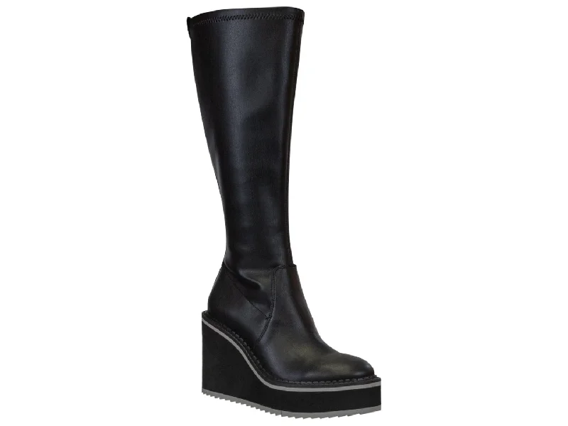 Boots with sturdy suede overlays -Naked Feet: APEX in BLACK Wedge Knee High Boots