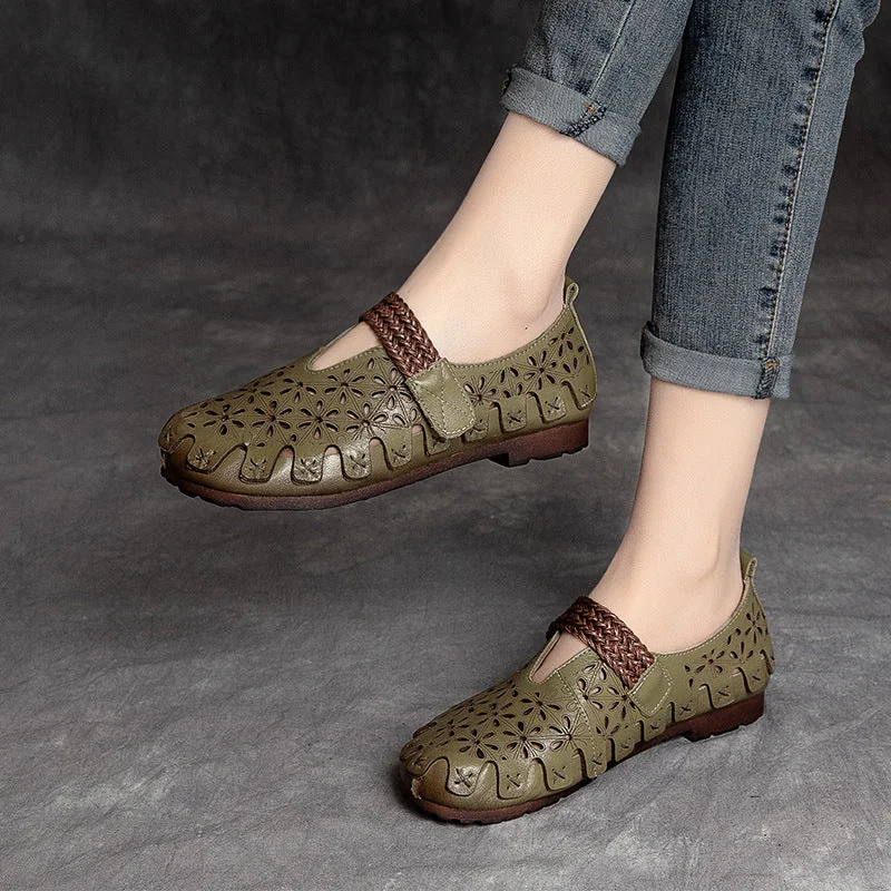 Flats for muggy weather -Women Summer Retro Soft Hollow Leather Flats