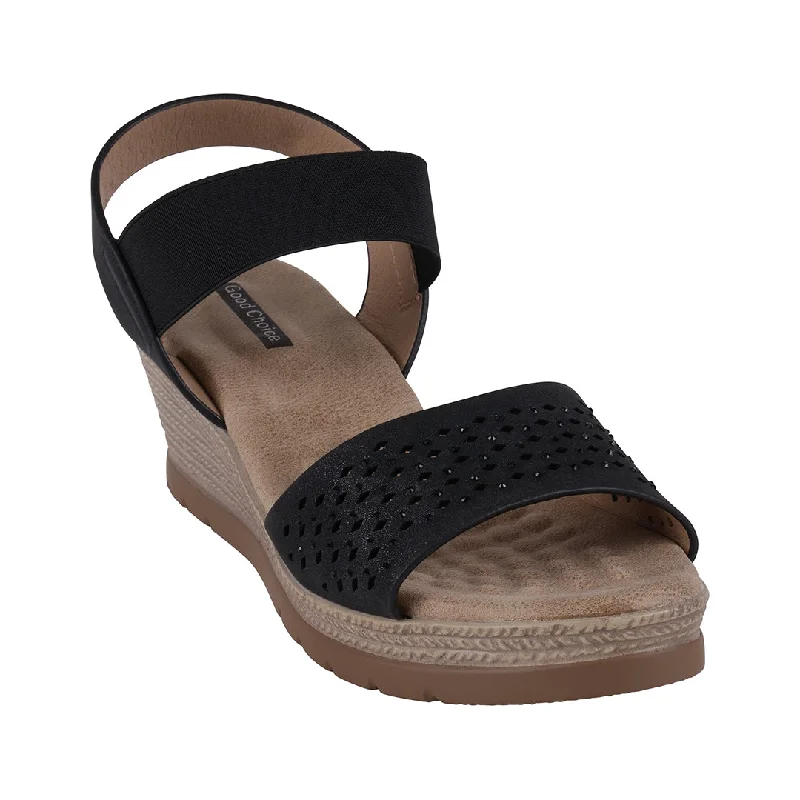 Sandals with shore talks -Bane Black Embellished Elastic Double Band Wedge Sandals