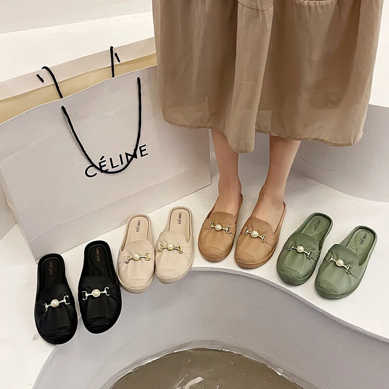 Slippers with flexible heels -indoor outdoor Round toe lazy bag toe half slipper women's outer non slip casual fashion four seasons shoes ladies flat slippers