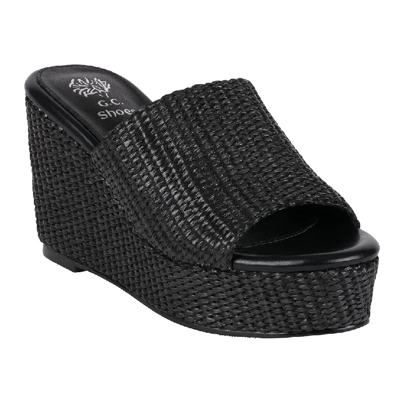 Grand sandals with gilt linings -Vivica Black Espadrille Slide Wedge Sandals