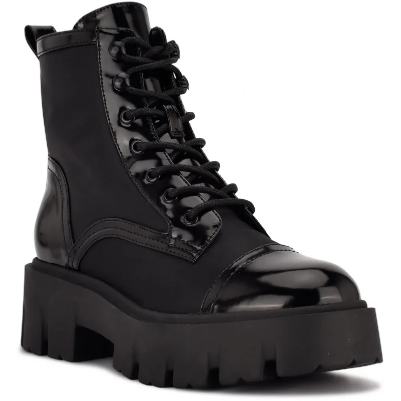 Boots with ornate sole trims -Nine West Womens Obri 2 Mixed Media Ankle Combat & Lace-up Boots