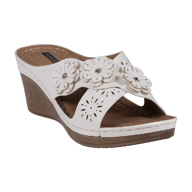 Sticky sandals for damp sand -Miller White Cross Strap Floral Wedge Sandals