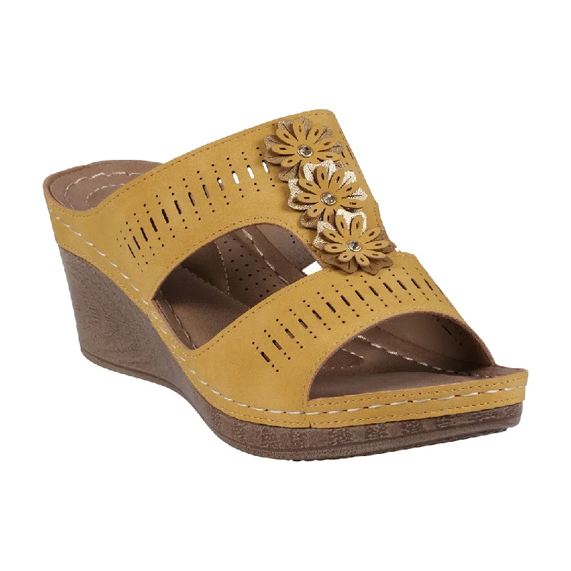 Sandals with tall ankle wrap -Lisette Perforated Yellow T-Strap Flower Wedge Sandals