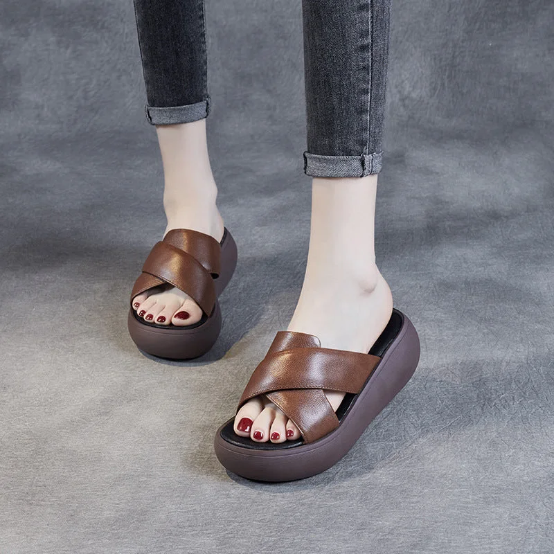 Sandals with soft strap piles -Women Leather Summer Casual Platform Slide Sandals