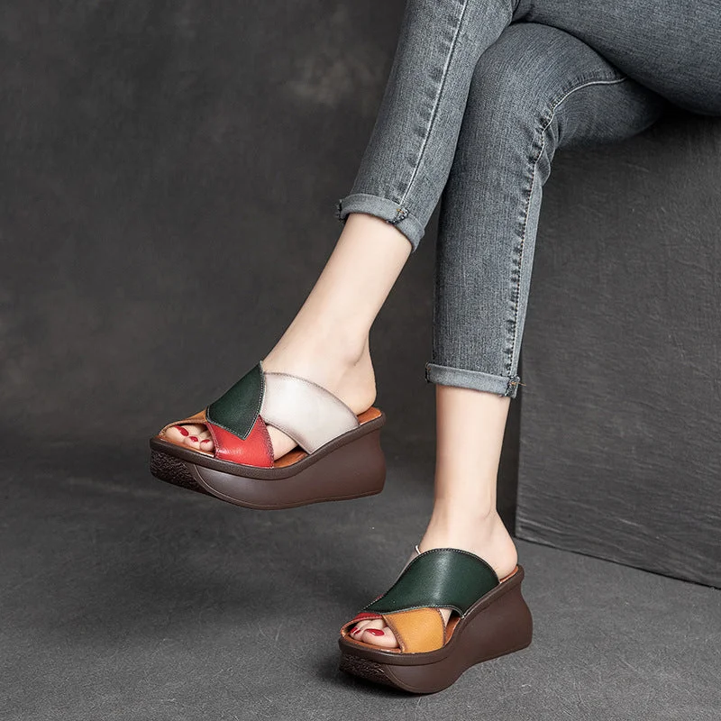 Sandals with open strap piles -Women Summer Retro Leather Wedge Slide Sandals