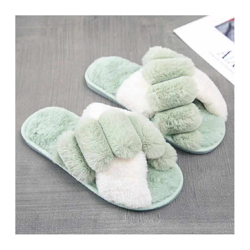 Slippers for daily ease -Indoor women fur slippers Trend two tone cross strap ladies fluffy slippers Open toe warm faux plush flat shoes