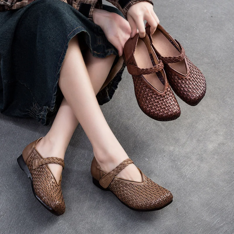 Classic flats for clean comfort -Women Retro Plaited Leather Soft Velcro Flats