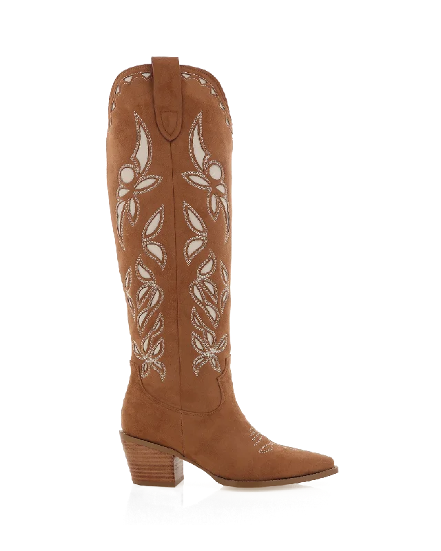 Boots with vivid heel trims -DELLA - DARK TAN SUEDE