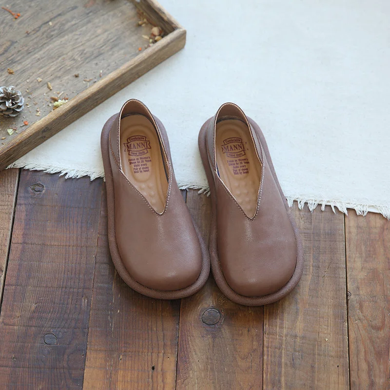 Flats for eco-conscious homes -Women Retro Solid Soft Leather Casual Flats