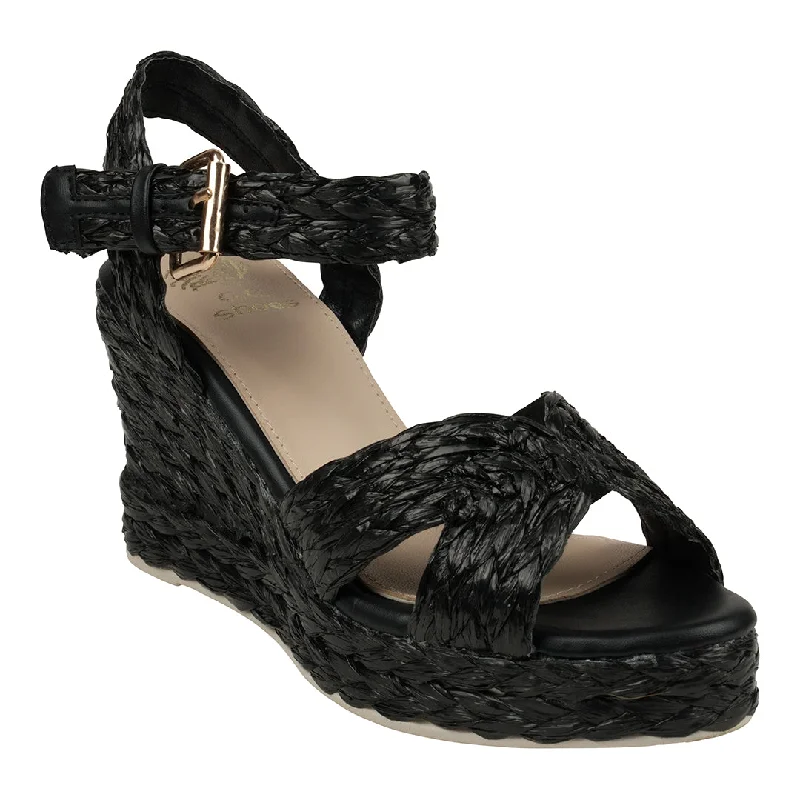 Sandals for elder shore ease -Maya Black Cross Strap Espadrille Slingback Wedge Sandals