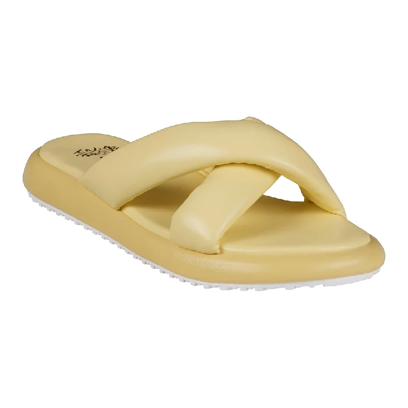 Sandals with slow shore repose -Nalani Yellow Cross-Strap Slide Flat Sandals