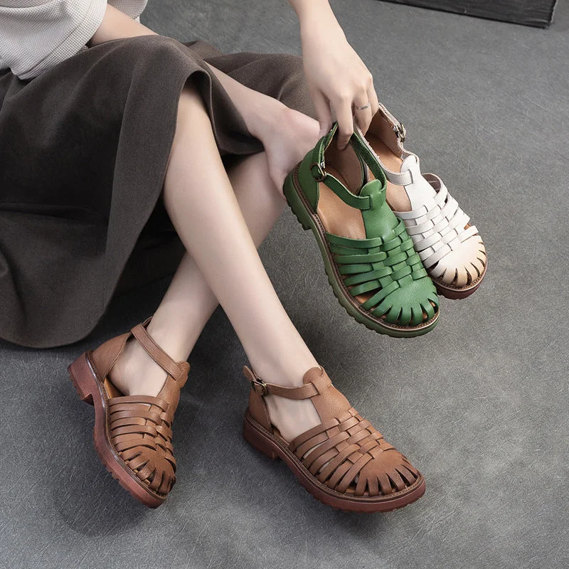 Steady sandals for elder steps -Women Retro Handmade Plaited Leather Casual Sandals