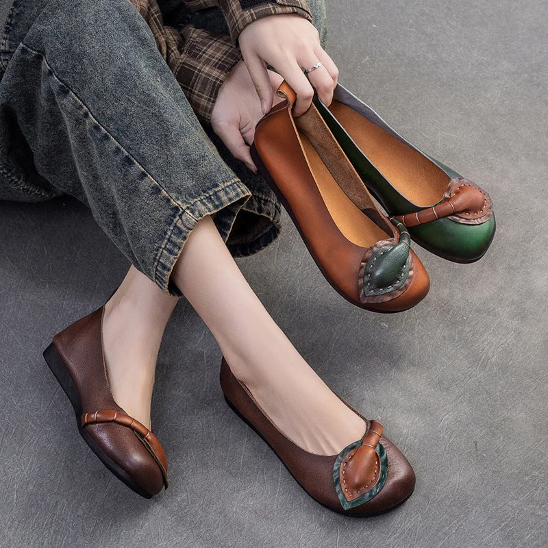 Flats with smooth fabric -Women Retro Leather Soft Casual Flats Shoes