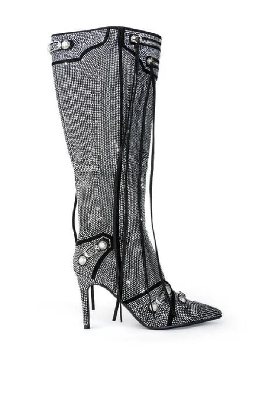 Boots with strong heel layers -MAEVE-SILVER RHINESTONE STILETTO BOOT